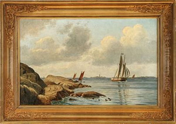 Marine With Sailing Ships Near The Coast Oil Painting by Christian Blache