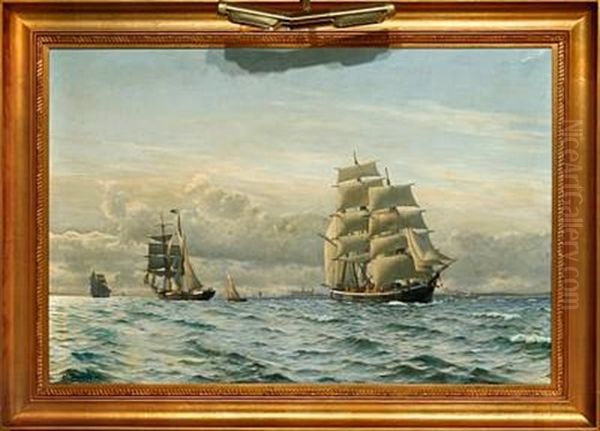 Marine With Several Ships Off The Coast Of Elsinore Castle Oil Painting by Christian Blache