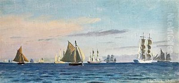 Numerous Sailing Ships On Quiet Waters Oil Painting by Christian Blache