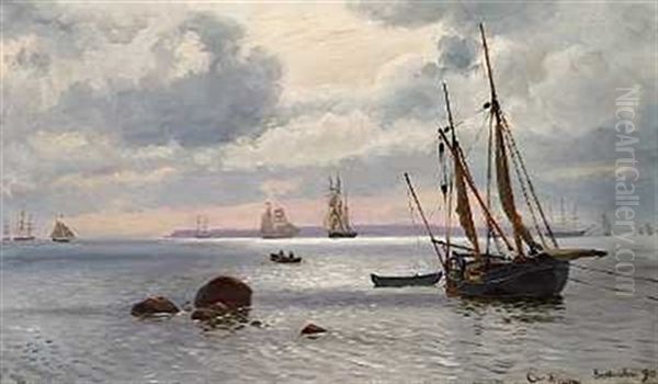 Sejlskibe Ud For Snekkersten, I Baggrunden Hven Oil Painting by Christian Blache