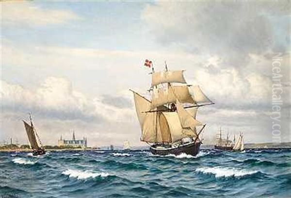 Brigantine Og Andre Sejlskibe I Sundet Med Kronborg I Baggrunden Oil Painting by Christian Blache