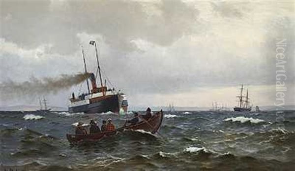 Damper Og Jolle Pa Havet Oil Painting by Christian Blache