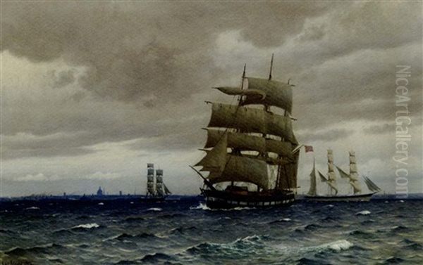 A Norwegian Windjammer And Other Commercial Sailing Vessels Off Copenhagen Oil Painting by Christian Blache