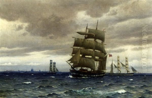 A Norwegian Windjammer And Other Commercial Sailing Vessels Off Copenhagen Oil Painting by Christian Blache