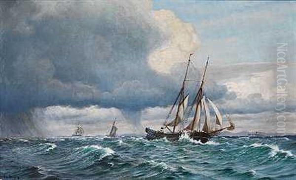 Sejlskibe Pa Havet I Blaest Og Regn Oil Painting by Christian Blache