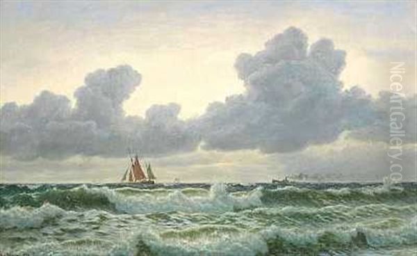 Marine Med Morke Skyer, Der Traekker Op I Horisonten Oil Painting by Christian Blache