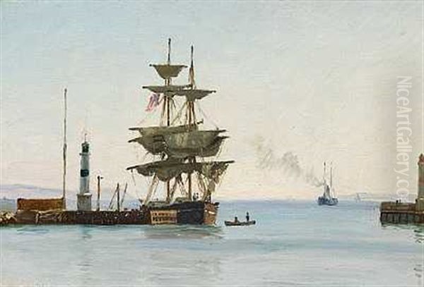 Sejlskib I Et Havneindlob Oil Painting by Christian Blache