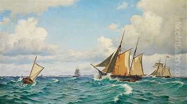 Sejlskibe Pa Havet, I Baggrunden Ses Den Svenske Kyst Oil Painting by Christian Blache