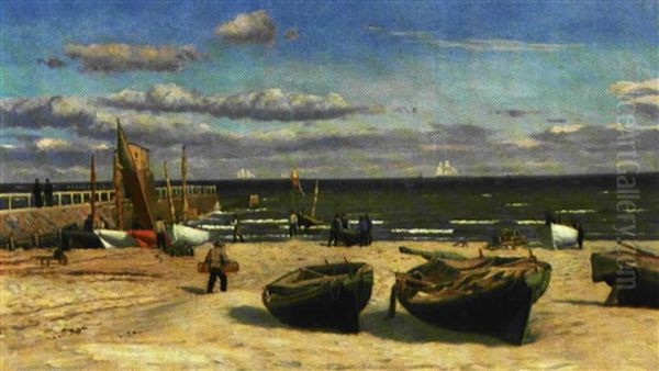 Fiskerne Lander Deres Fangst Pa Stranden En Sommerdag Oil Painting by Christian Blache