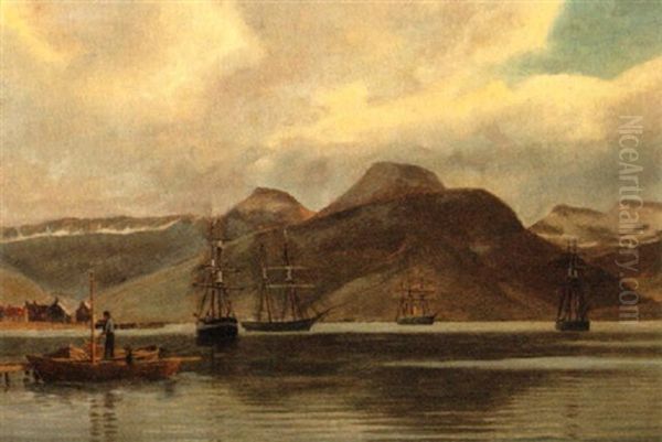 Skibe I En Norsk Fjord Oil Painting by Christian Blache