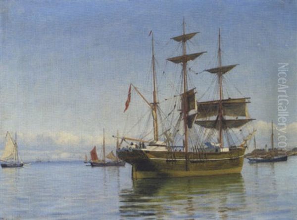 Norsk Tremaster Og Danske Sejlskibe Ud For Kysten En Stille Dag Oil Painting by Christian Blache