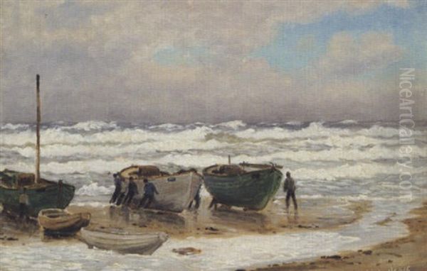 Fiskere Ved Deres Bade I Strandkanten Oil Painting by Christian Blache