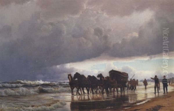 Redningsbaden Kjores Til Strandingsstedet. Motiv Fra Jyllands Vestkyst Oil Painting by Christian Blache