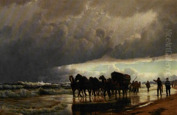 Redningsbaden Kjores Til Strandingsstedet. Motiv Fra Jyllands Vestkyst Oil Painting by Christian Blache