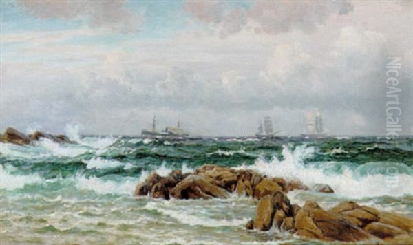 Marine Med Skibe Ud For Kysten, Frisk Vind Oil Painting by Christian Blache