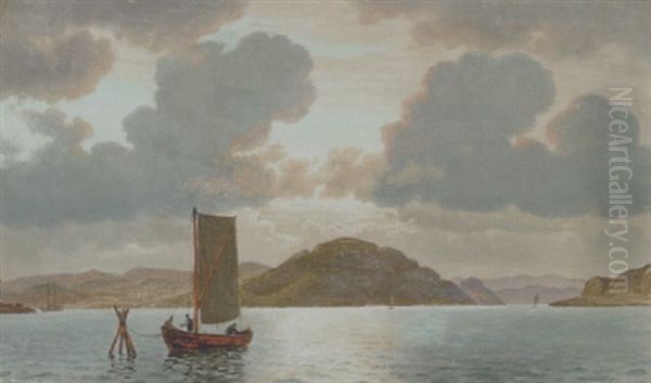 Marine Med Fiskerbade Ud For Kysten Og Soglimt Pa Havet Oil Painting by Christian Blache