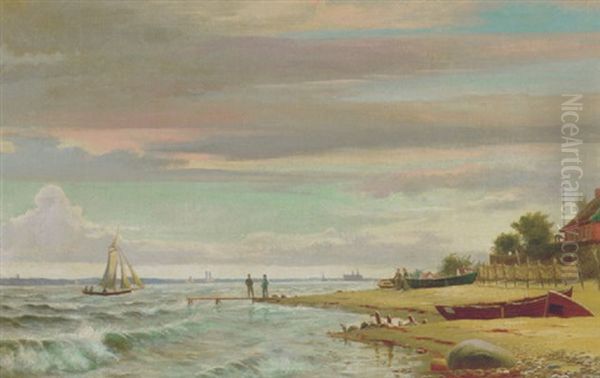 Kystparti Nord For Helsingor, I Baggrunden Kronborg Oil Painting by Christian Blache