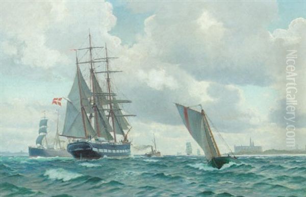 Marine Med Mange Skibe Ud For Kronborg Oil Painting by Christian Blache