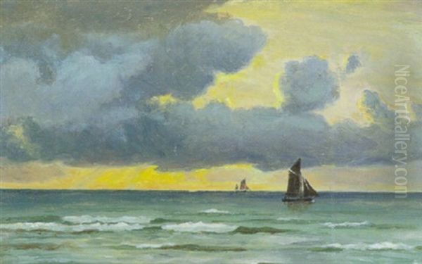 Marine Med Sejlskibe Ved Solnedgang Oil Painting by Christian Blache