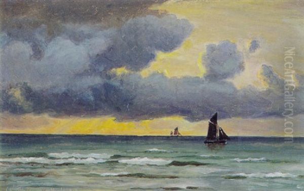 Fiskekuttere Pa Havet, Solnedgang Oil Painting by Christian Blache