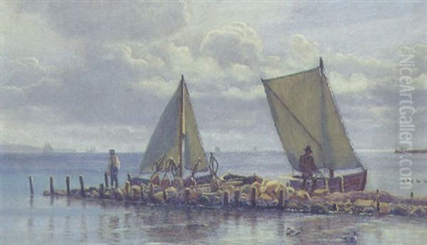 Marine Fra Oresund Med Fiskere Ved Deres Bade Oil Painting by Christian Blache