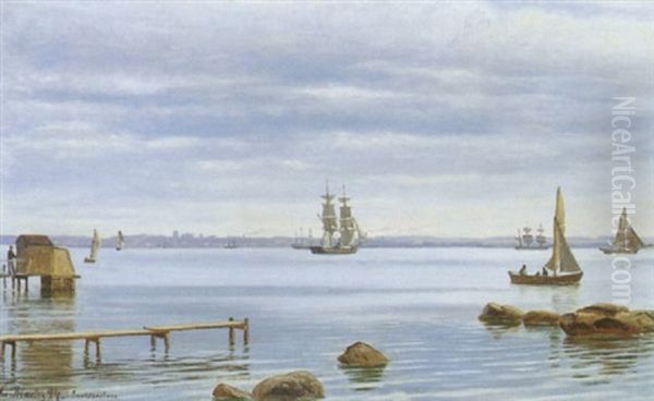 Marine Med Sejlskibe Ud For Snekkersten Oil Painting by Christian Blache