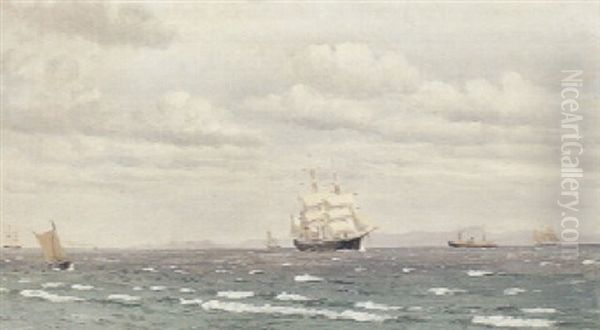 Marine Med Skibe Ud For Klippekyst, Faeroerne (?) Oil Painting by Christian Blache