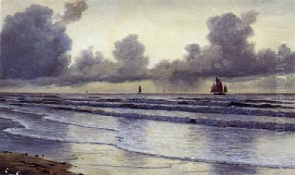 Marine Med Bolger, Der Ruller Ind Mod Stranden Og Store Sorte Regnvejrsskyer Oil Painting by Christian Blache