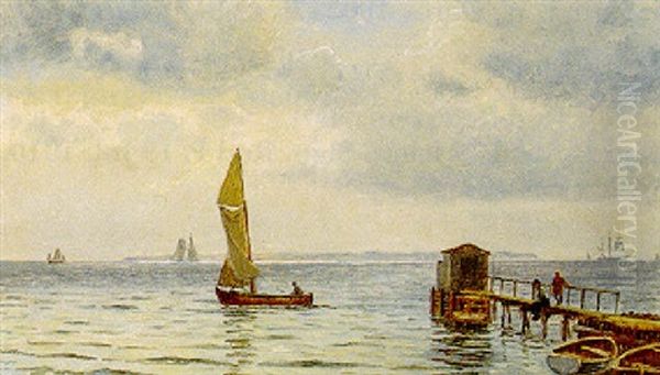 Marine Med Sejlskibe Pa Oresund, I Forgrunden Figurer Pa En Badebro Oil Painting by Christian Blache