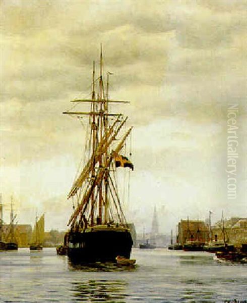 Fra Kobenhavns Havn, I Forgrunden Fregat Med Svensk-norsk Unionsflag Oil Painting by Christian Blache