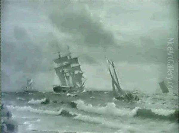 Marine Med Sejlskibe Ud For Kysten Oil Painting by Christian Blache