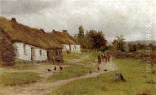 A Woman And Cattle On A Track Passing Cottages Oil Painting by Andrew Black