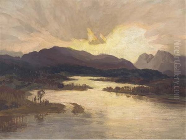 A Lakeland Landscape At Sunset Oil Painting by Arthur John Black