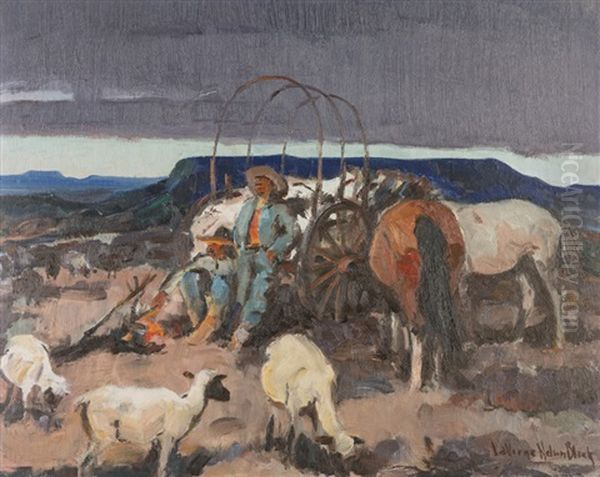 Sheepherders Resting Against A Wagon With Sheep And Horses Oil Painting by Laverne Nelson Black