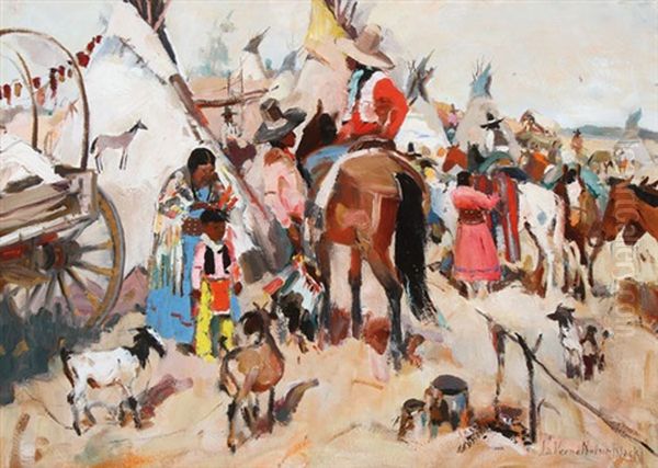 A Festive Indian Encampment Oil Painting by Laverne Nelson Black