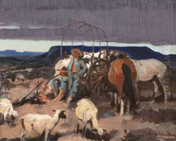 Sheepherders Resting Against A Wagon With Sheep And Horses Oil Painting by Laverne Nelson Black