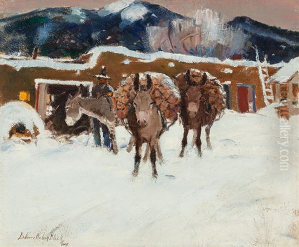 Burros In Winter, Taos Oil Painting by Laverne Nelson Black