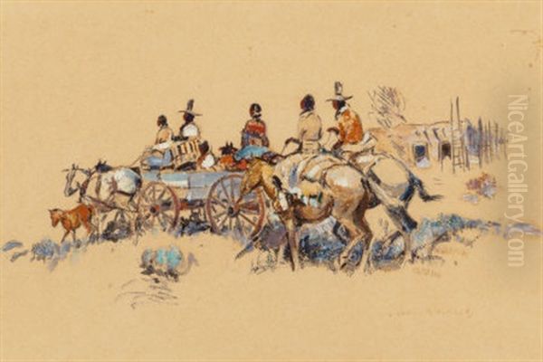 Indian Riders And Wagon Oil Painting by Laverne Nelson Black