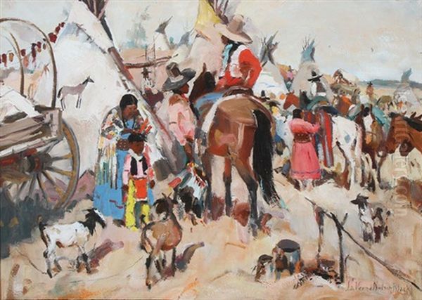 A Festive Indian Encampment Oil Painting by Laverne Nelson Black