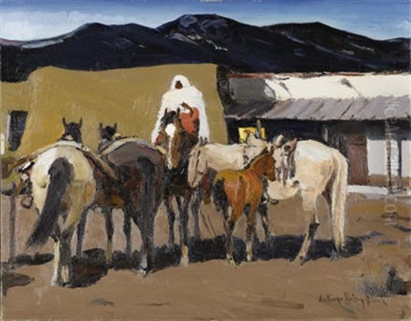 Night Out In Taos - Taos Indian Night Watch Oil Painting by Laverne Nelson Black