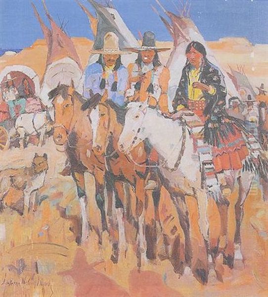 Native Americans On Horseback At Desert Encampment Oil Painting by Laverne Nelson Black