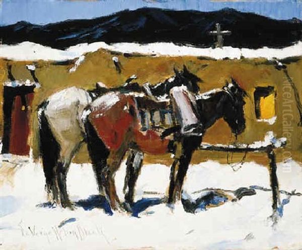 Two Horses Saddled Oil Painting by Laverne Nelson Black