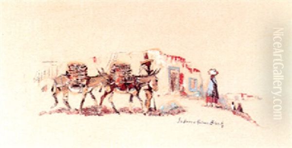 Pack Mules And People Outside Of Adobes Oil Painting by Laverne Nelson Black