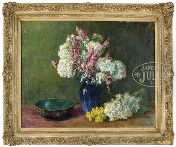 Blue Vase Of Flowers Oil Painting by Olive Parker Black