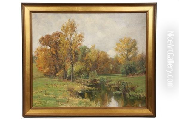 Autumn Landscape With Pond Oil Painting by Olive Parker Black