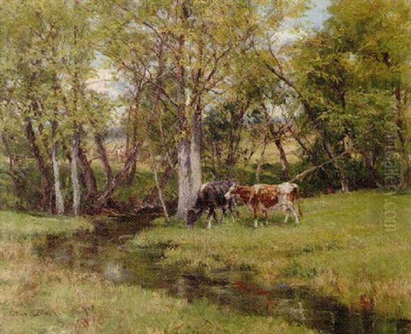 Impressionist Glade, Cows At Stream Oil Painting by Olive Parker Black