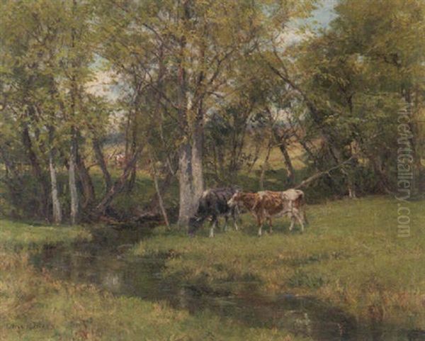 Impressionist Glade, Cows At Stream Oil Painting by Olive Parker Black