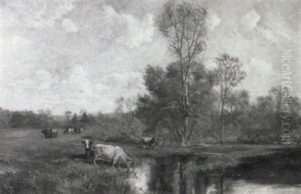 Cattle Watering In A Summer Landscape Oil Painting by Olive Parker Black