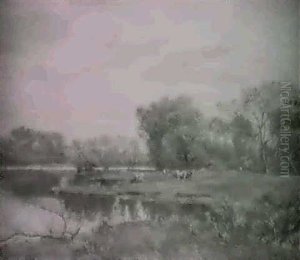 Cows Grazing By A Stream Oil Painting by Olive Parker Black