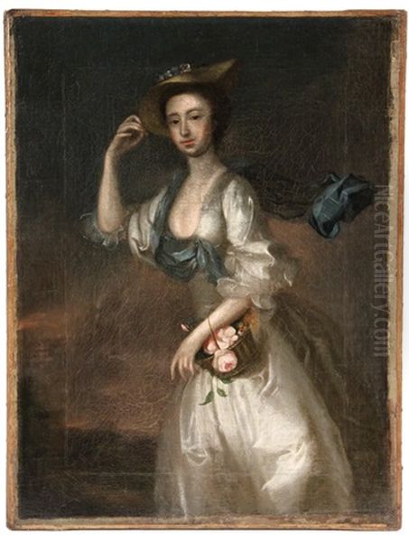 Portrait Of An Aristocratic Woman With Flower Basket Oil Painting by Joseph Blackburn